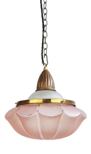 Etched and Pink Glass and Brass Pendant Light