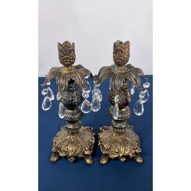 Brass Gilt Brass & Tiered Crystal Girandole Trio - 12" Statement Set For Sale - Image 8 of 9