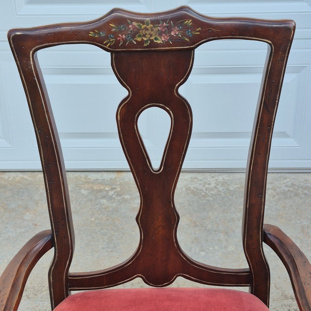Mid-20th Century Vintage Lane Rustic Floral Paint Decorated Walnut Arm Chairs, a Pair For Sale In Washington DC - Image 6 of 18