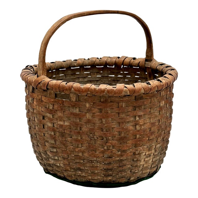Antique Late 1800s American Heavy Gauge Hand Woven Ash Splint Utility Basket - Great Original Aged Patina For Sale