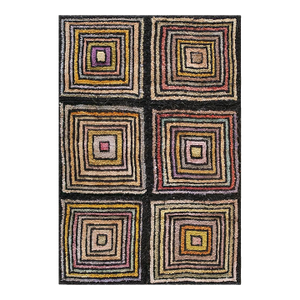 Fantastic Black Background and Tribal Multicolored Design Vintage American Hooked Rug