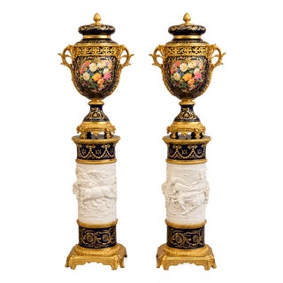 1990s French-Style Blue & White Porcelain Vase With Ornate Pedestal – Gold Leaf, Bronze & Sculpted Details For Sale