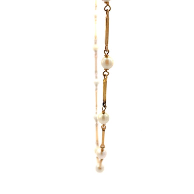 Modern Vintage 14k-18k Yellow Gold Bar Stick Link Pearl Opera Necklace 34'long For Sale - Image 3 of 5