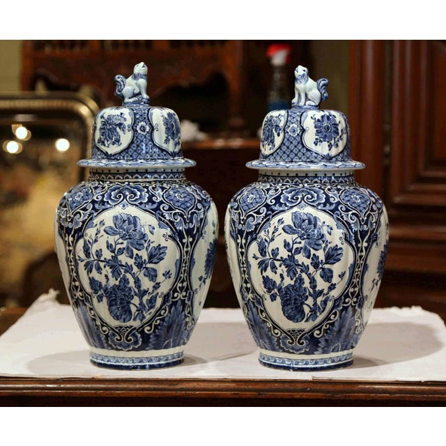 Mid 20th Century Pair of Mid-Century Dutch Delft Blue and White Faience Ginger Jars For Sale - Image 5 of 10