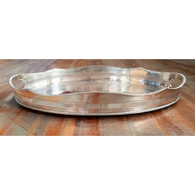 Victorian 20th Century English Sheffield Silverplate Drinks Bar Tray With Gallery For Sale - Image 3 of 13