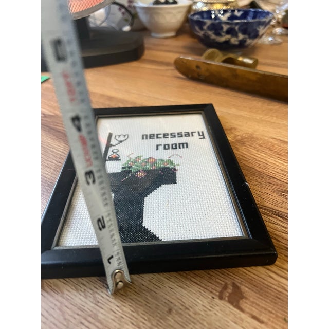 1970s Vintage Small Needlepoint Necessary Room Floral Wall Hanging in Frame For Sale - Image 5 of 6