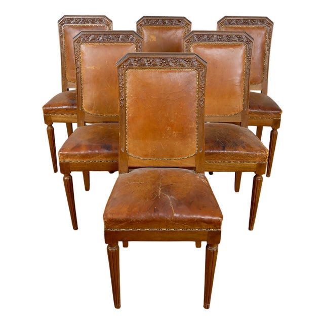 Art Deco Side Chairs in Carved Walnut attributed to Gauthier-Poinsignon, 1920s, Set of 6 For Sale