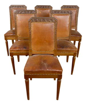 Art Deco Side Chairs in Carved Walnut attributed to Gauthier-Poinsignon, 1920s, Set of 6