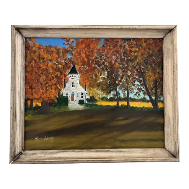 Vintage Autumn Church Landscape Painting by Lou Kelley For Sale