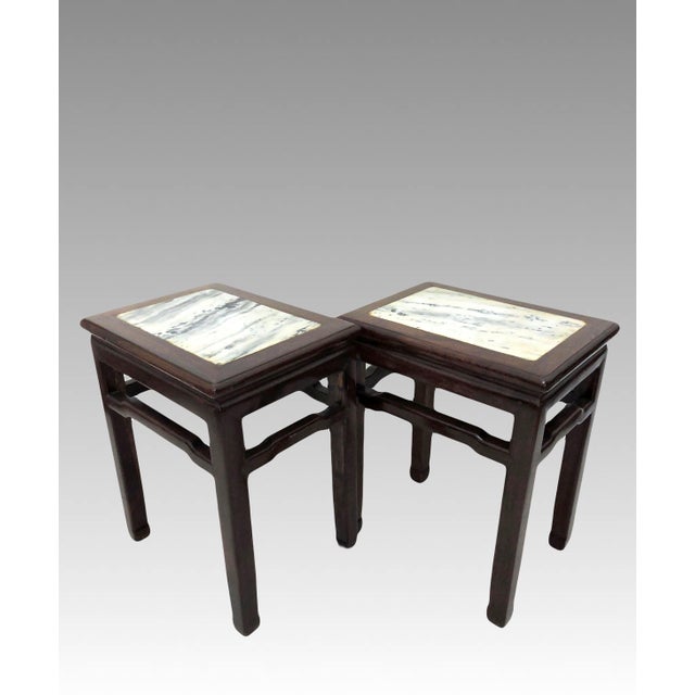 Antique Solid Rosewood Chinese 'Mahjong' Stools / End Tables With White Grey Dali Lake Marble Tops - Set of 4 / Pair For Sale - Image 4 of 12