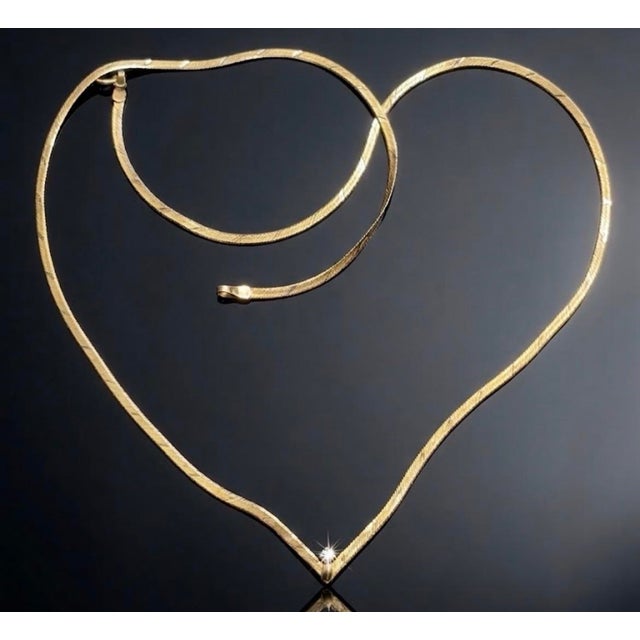 Contemporary Italian 14k Gold Herringbone Chain Necklace With Solitaire Diamond From Vicenza, Italy. For Sale - Image 3 of 6