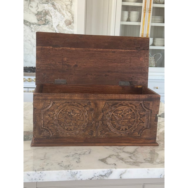 Beautiful vintage solid Fruitwood hand carved storage box, with intricate floral .Rich brown wood finishes with a...