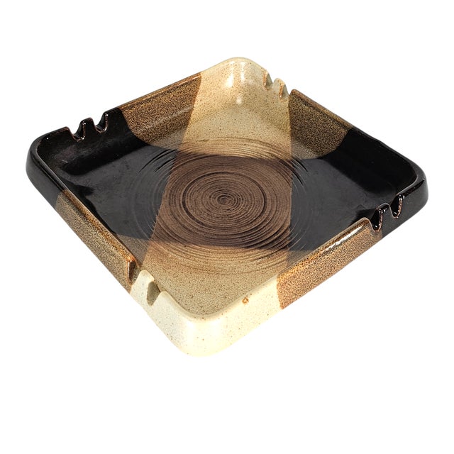 Ceramic MCM Treasure Craft Stoneware Brown Plaid Ashtray Trinket Dish 7.5" For Sale - Image 7 of 12