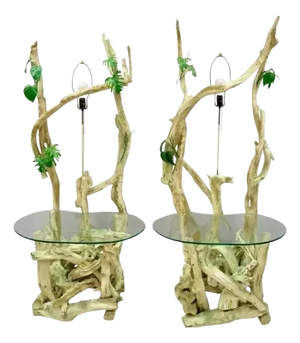 Mid-Century Modern Driftwood Tiki Jungle Lamp End Tables With Kidney Glass - Pair