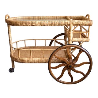 1950s French Rattan Bar Cart For Sale