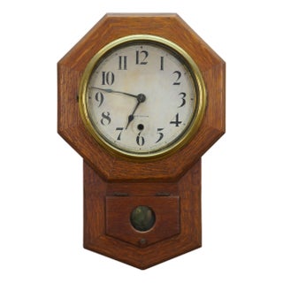 Antique Seth Thomas Quartersawn Oak School House Octagon Drop Wall Clock 18" For Sale
