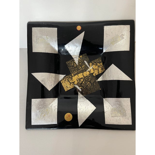 14” by 14” large Italian Murano glass square plate with gold and silver plate. Made in the 1990s.