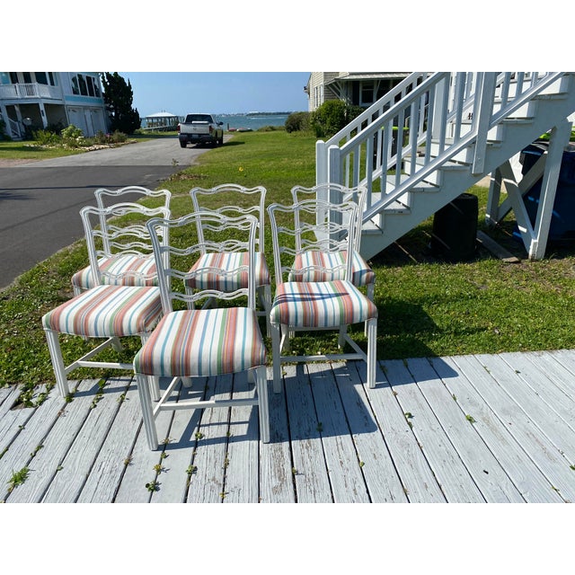 Set of 6 Vintage Painted Mahogany Chippendale Ribbon Back Dining Chairs With New Perennials Striped Fabric For Sale - Image 13 of 14