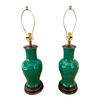 Beautiful Pair of Frederick Cooper Emerald Green Crystalline Glazed Ceramic Table Lamps For Sale