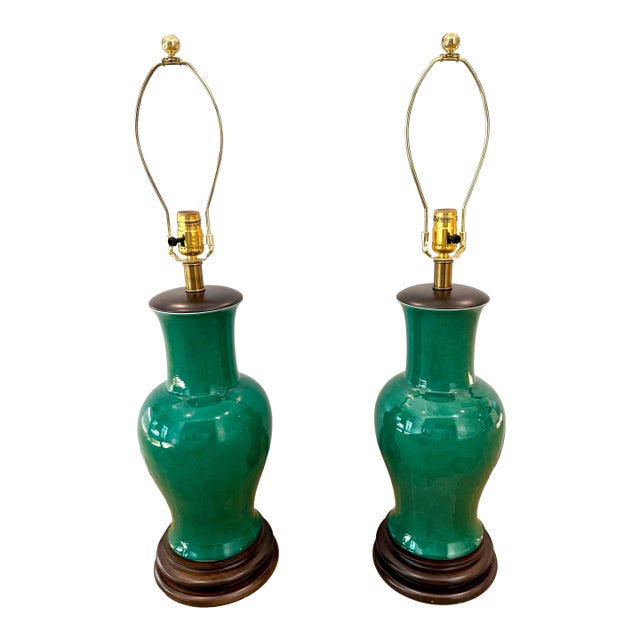 Beautiful Pair of Frederick Cooper Emerald Green Crystalline Glazed Ceramic Table Lamps For Sale