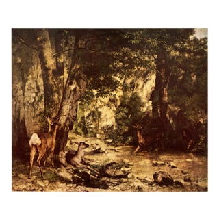 1950s After Gustave Courbet "Roe Deer in a Forest" First Edition Cottage Style Lithograph For Sale