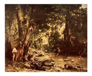 1950s After Gustave Courbet "Roe Deer in a Forest" First Edition Cottage Style Lithograph