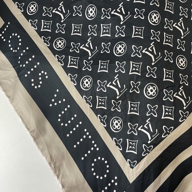 Louis Vuitton Black Monogram 100% Silk Scarf. Large square with a black ground printed with white Monogram flowers and LV...