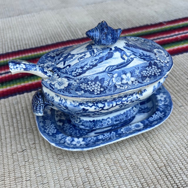 Farmhouse A Antique Pearlware Blue Transfer Decorated Sauce Tureen W/Lid and Tray. Circa 1820's For Sale - Image 3 of 12