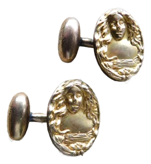 Antique Art Nouveau 9k Gold-Filled Oval Cufflinks, Art Nouveau Woman, C. 1900