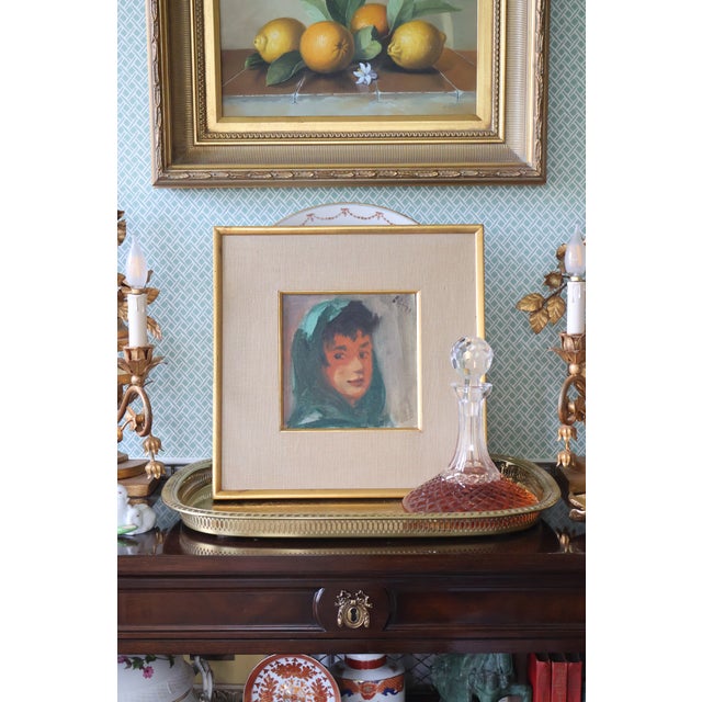 Signed Vintage Expressionist Portrait in Emerald Headscarf—Custom Gilt Frame For Sale - Image 4 of 18