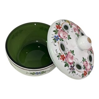 Vintage Bohemian Czech Lidded Dish Overlaid Cut Glass Cased Hand Painted For Sale