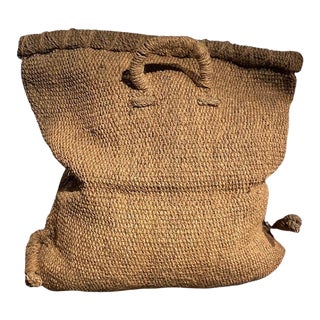 20th Century Boho Rustic Coastal Large Woven Natural Jute Decorative Vintage Coal Basket For Sale