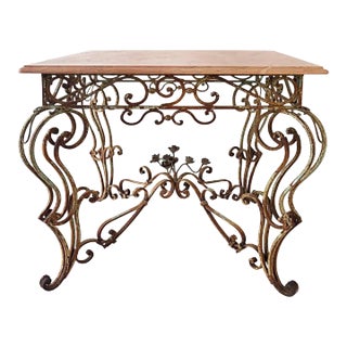 Vintage Wrought Iron Marble Top Garden Table With Scrollwork and Flowers For Sale