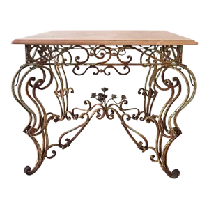 Vintage Wrought Iron Marble Top Garden Table With Scrollwork and Flowers
