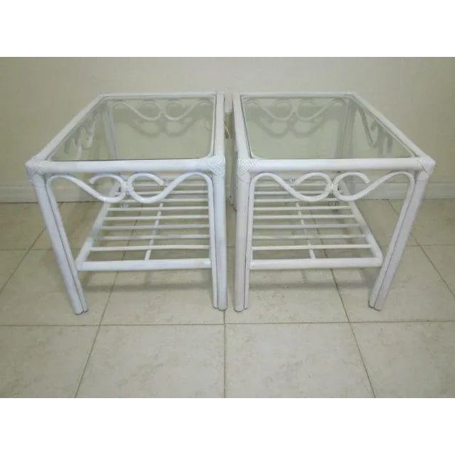 Coastal Bamboo Rattan White Coffee Table With Two End Table Glass Top Set of 3 For Sale - Image 10 of 12