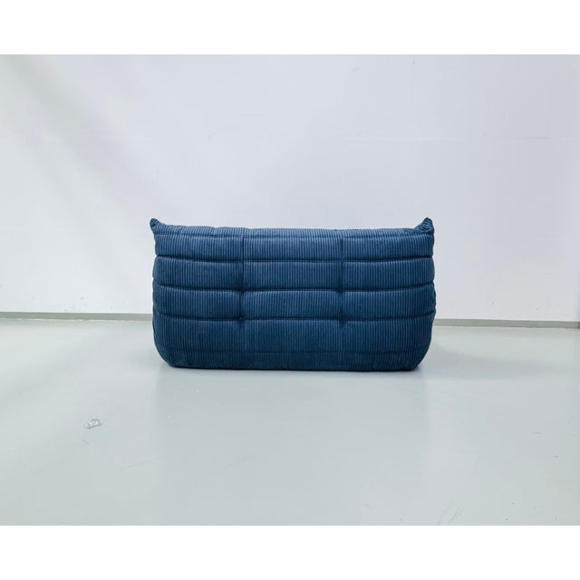 French Togo 2-Seater Sofa in Blue Corduroy attributed Michel Ducaroy for Ligne Roset, 1970s For Sale - Image 10 of 12