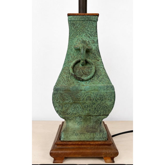 Vintage Chinese Bronze Lamp on Wood Base For Sale - Image 9 of 10