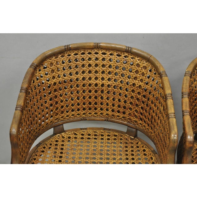 Vintage Hollywood Regency Faux Bamboo Wood & Cane Barrel Back Lounge Chair, Pair For Sale - Image 10 of 15