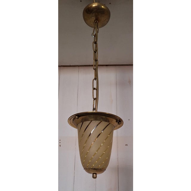Mid-Century German Ceiling Lamp with Brass Frame, Light Amber-Tinted Glass Shade and Spiral Decoration, 1950s For Sale - Image 4 of 7