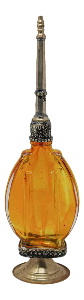 Moroccan Amber Footed Glass Perfume Bottle Sprinkler With Embossed Metal Overlay
