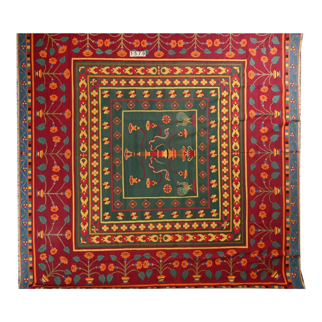 1950s Vintage Dhurrie Square Flat Weave With Pictorial Pattern by Rug & Kilim For Sale