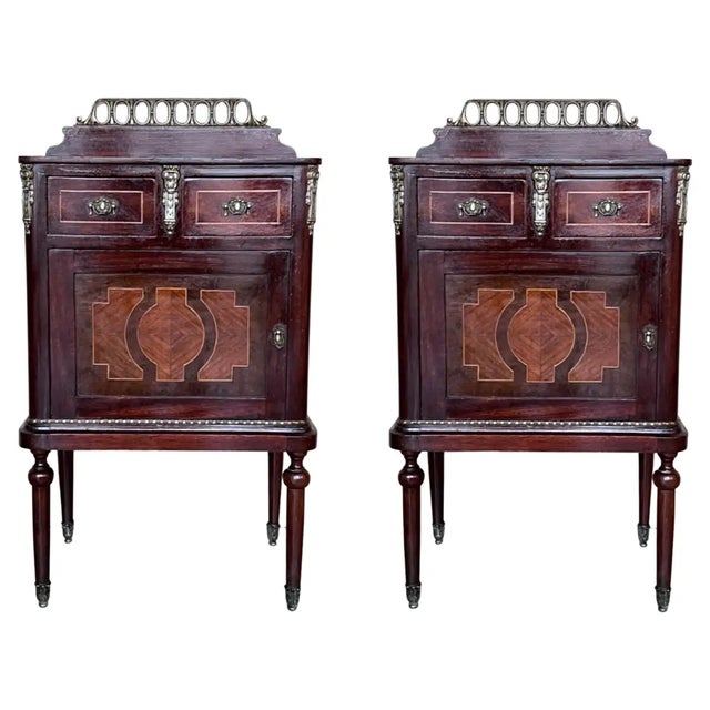 Pair of Italian Marquetry Nightstands With Bronze Crest, Drawers and Doors For Sale - Image 13 of 13