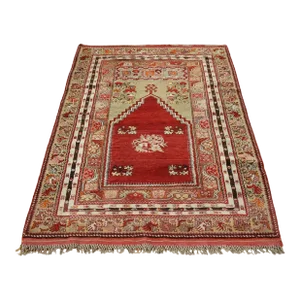 1920 3'10"x5'4" Pompeain Red Hand Knotted Antique Bergama Prayer Wool Oriental Rug