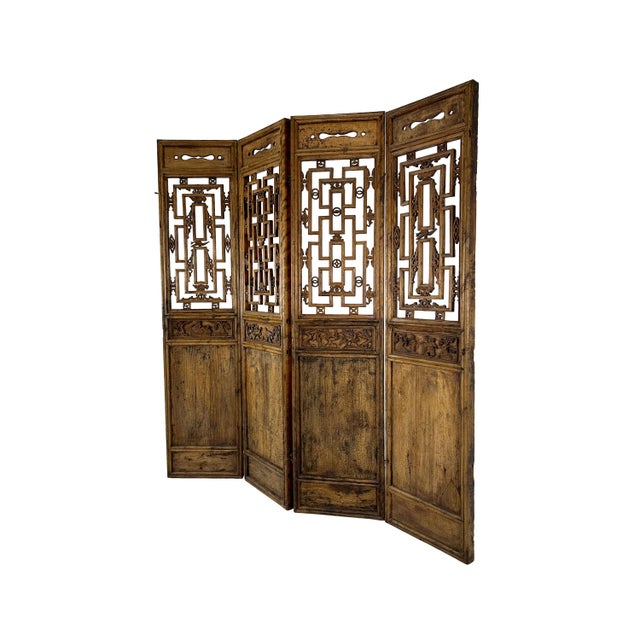 Large Antique Asian Carved Elm Four Panel Folding Screen Room Divider For Sale - Image 4 of 18
