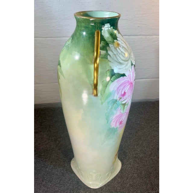Green Antique Limoges 17” Handled Porcelain Vase For Sale - Image 8 of 11