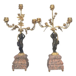 Pair of Late 19th C. French Belle Époque Candelabras Bronze, Gilt Metal & Marble For Sale