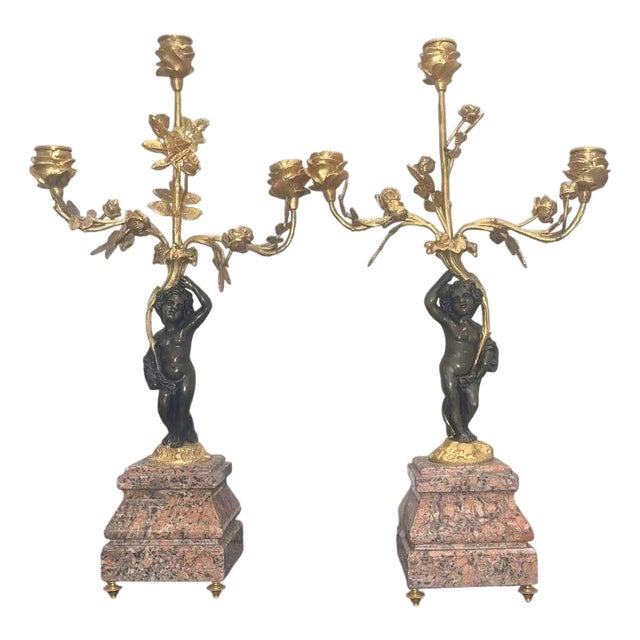Pair of Late 19th C. French Belle Époque Candelabras Bronze, Gilt Metal & Marble For Sale