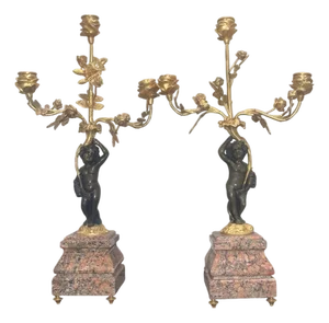 Pair of Late 19th C. French Belle Époque Candelabras Bronze, Gilt Metal & Marble
