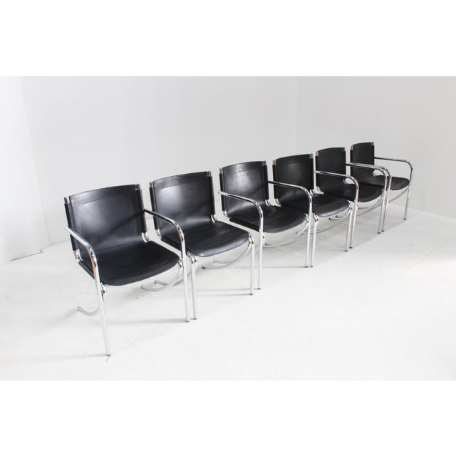 Set of 6 Giotto Stoppino Black Leather and Chrome Vintage Dining Chairs Model Jot. Jot chairs designed by Giotto Stoppino...
