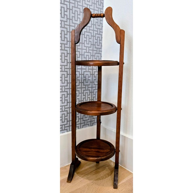A beautifully crafted vintage Cornwall Wood Products three-tier folding pie stand, also known as a folding silent butler...